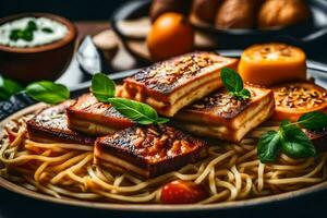 spaghetti with tofu and vegetables on a wooden table. AI-Generated photo