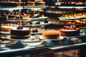 a display of cakes in a bakery. AI-Generated photo