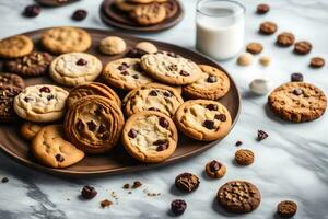 un plato de galletas y Leche en un mármol mesa. generado por ai foto