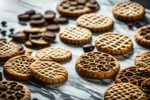 un variedad de galletas y galletas en un mármol encimera. generado por ai foto