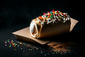 a roll of dough with sprinkles and frosting. AI-Generated photo