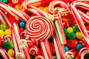 many candy canes and candy lollipops are arranged in a pile. AI-Generated photo