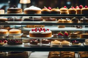 many different types of cakes are on display in a bakery. AI-Generated photo