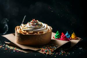 a cake with whipped cream and sprinkles on a black background. AI-Generated photo