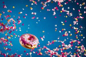 a donut is flying in the air with sprinkles. AI-Generated photo