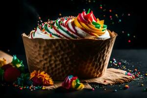 a cupcake with colorful icing and sprinkles. AI-Generated photo