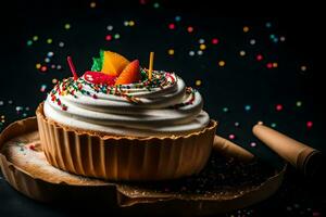 a cupcake with white frosting and sprinkles on a black background. AI-Generated photo