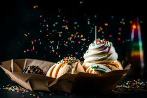 ice cream cones with sprinkles on a black background. AI-Generated photo