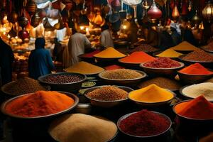 many bowls of spices are on display in a market. AI-Generated photo