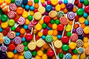 a large pile of colorful candy lollipops. AI-Generated photo