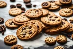 a pile of cookies on a marble counter. AI-Generated photo