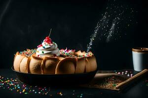 a cake with whipped cream and sprinkles on a black background. AI-Generated photo