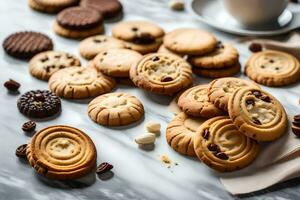 un variedad de galletas y galletas en un mármol mesa. generado por ai foto