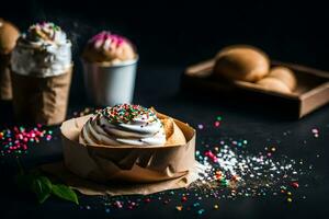 ice cream in a paper cup with sprinkles. AI-Generated photo