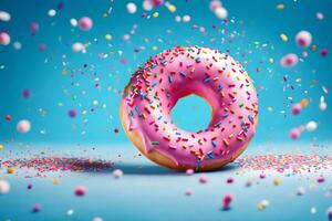 a pink donut with sprinkles on a blue background. AI-Generated photo