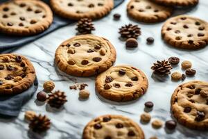 chocolate chip cookies on a marble countertop. AI-Generated photo