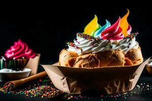 a cupcake with colorful sprinkles and candles. AI-Generated photo