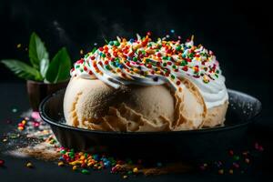 ice cream in a bowl with sprinkles and a leaf. AI-Generated photo