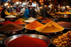 a market with many bowls of spices and other items. AI-Generated photo