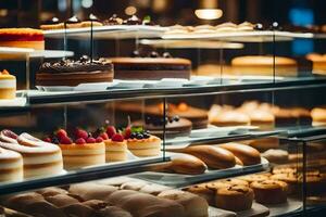 many different types of cakes are on display in a bakery. AI-Generated photo