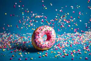 a donut with sprinkles on a blue background. AI-Generated photo