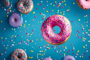 donuts with sprinkles on a blue background. AI-Generated photo