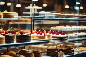 many different types of cakes are on display in a bakery. AI-Generated photo