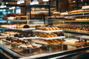 a bakery display case with many different types of pastries. AI-Generated photo