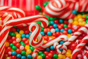 a close up of candy canes and candy. AI-Generated photo