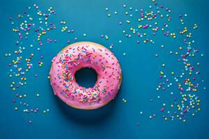 a pink donut surrounded by sprinkles on a blue background. AI-Generated photo