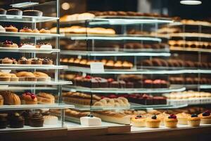 a bakery display case with many different types of pastries. AI-Generated photo