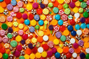 colorful candy on orange background. AI-Generated photo