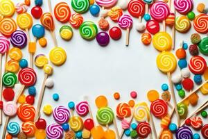 lollipops candy border on white background. AI-Generated photo