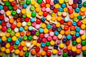 a large pile of colorful candy on a white surface. AI-Generated photo