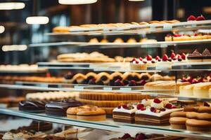 many different types of pastries are on display in a bakery. AI-Generated photo