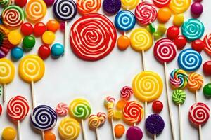 lollipops are arranged in a circle on a white surface. AI-Generated photo