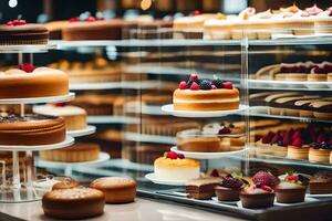 many different types of cakes are on display in a bakery. AI-Generated photo