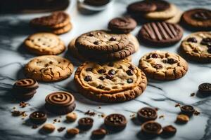 a variety of cookies and chocolate chips on a marble counter. AI-Generated photo