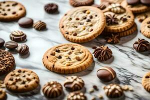 chocolate chip cookies and other cookies on a marble surface. AI-Generated photo