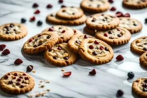 a bunch of cookies with cranberries on a marble counter. AI-Generated photo