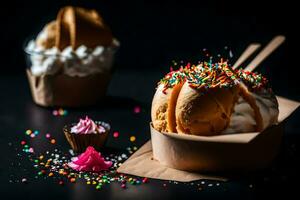 ice cream sundae with sprinkles and cupcakes. AI-Generated photo