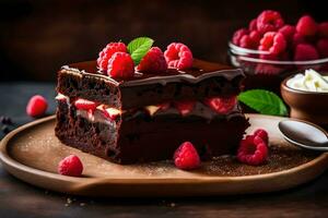 chocolate cake with raspberries and cream on a wooden plate. AI-Generated photo