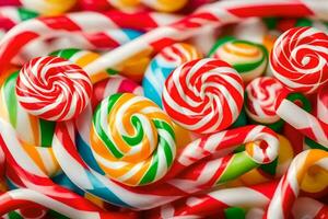 many colorful candy lollipops are arranged in a pile. AI-Generated photo