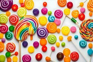 many colorful lollipops are arranged on a white surface. AI-Generated photo