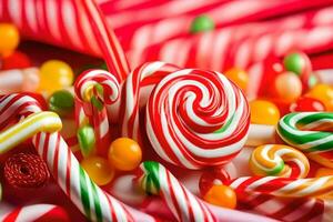 many colorful candy canes are arranged together. AI-Generated photo