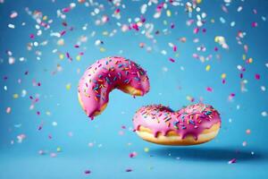 two donuts with pink icing and sprinkles on a blue background. AI-Generated photo