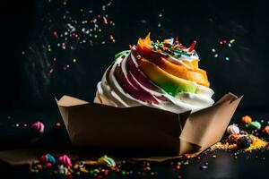 a colorful ice cream in a paper box. AI-Generated photo