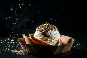 hielo crema cono con asperja en un negro antecedentes. generado por ai foto