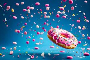 a donut with sprinkles and pink frosting. AI-Generated photo