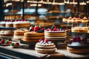 a display of cakes in a bakery. AI-Generated photo